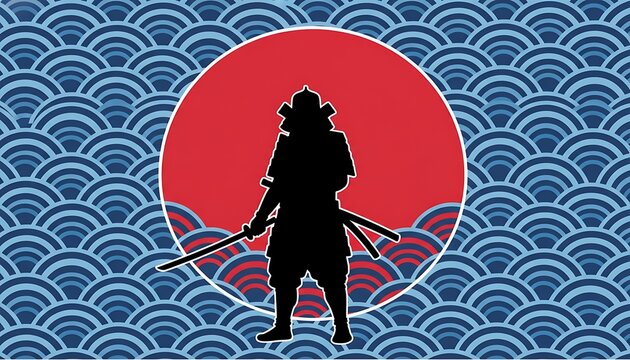 Japanese samurai warrior silhouette holding katana sword standing in front of red sun wave pattern
