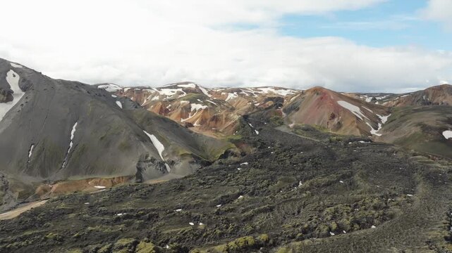 A push in aerial drone shot reveals the rugged volcanic landscape of the Laugavegur hiking trail on Iceland. Discover colorful rhyolite mountains, lava fields, and snow patches under an overcast sky.