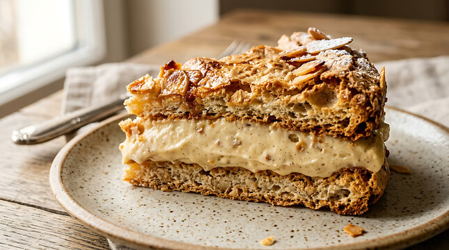 A slice of decadent layered dacquoise cake served on a rustic speckled ceramic plate with dacquoise buttercream delicious homemade appetizing confectionery