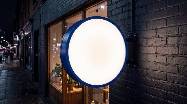 Blank circular illuminated storefront sign mounted on a dark brick wall at night.
