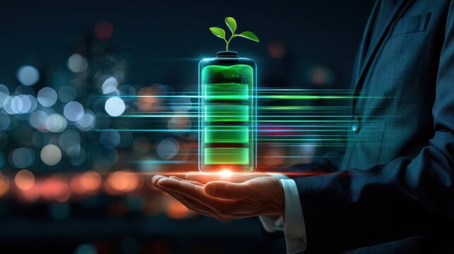 A glowing battery with a plant sprout inside floats above a hand, symbolizing sustainable energy and eco-friendly power in a futuristic city setting.