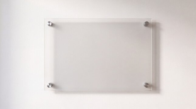 Blank transparent acrylic sign board mounted on a white wall for branding.