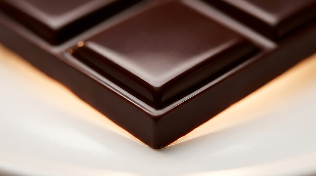 Close-up of rich dark chocolate bar squares on a white plate with chocolate delicious confectionery snacking ingredient nutrition refreshment appetizing