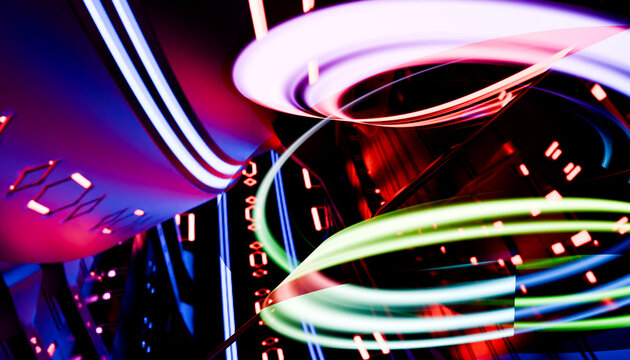 Colorful abstract neon light trails with dynamic circular motion