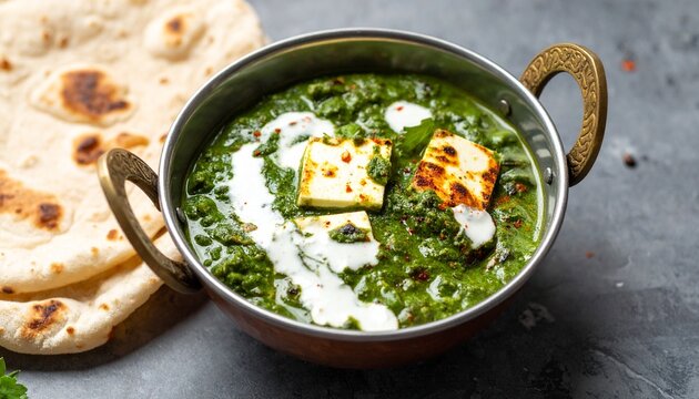 Traditional Palak Paneer Indian Spinach Curry with Fresh Garlic Naan