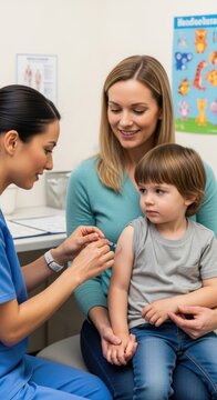 Pediatric protection event: preventative immunization, safety vaccination, nurse inject, mother support, little patient, medical syringe, clinic visit, healthy child, needle prick.