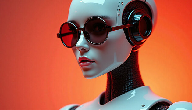 Futuristic female cyborg in stylish round sunglasses and headphones against vibrant orange background. Sci-fi humanoid robot fashion portrait and AI technology concept