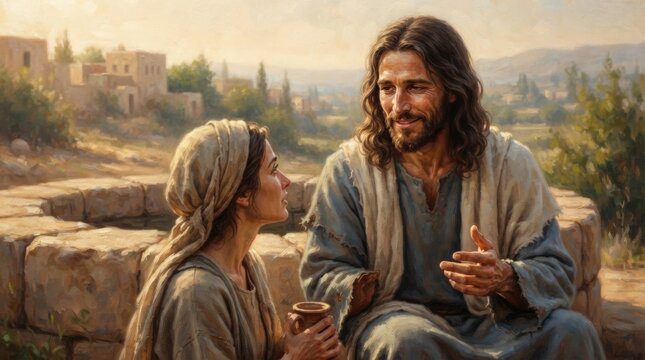 Jesus talking to samaritan woman at the well. Biblical scene of spiritual conversation and compassion. Christian gospel story about faith and salvation