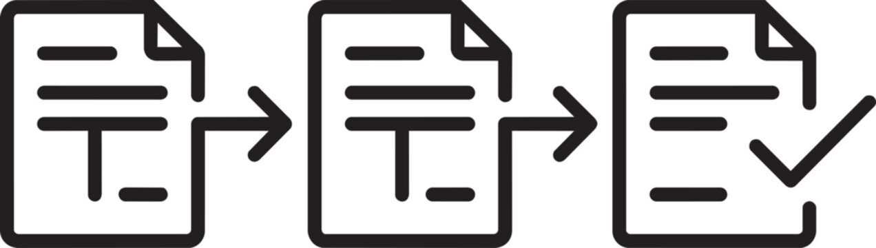 Three document in a sequence with arrows, showing a progression from draft to completed file