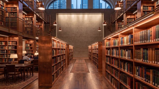 Classic Library Interior with Wooden Bookshelves and Study Area