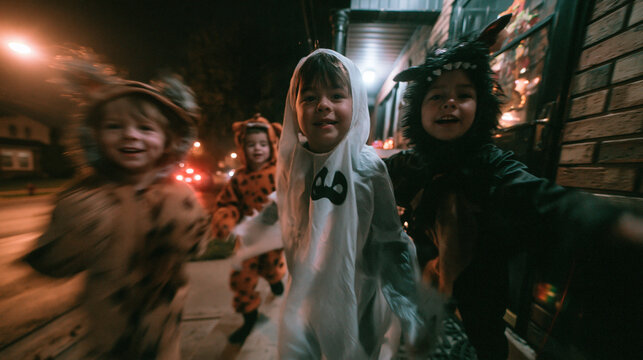 Happy Children in Costumes Trick or Treating at Night