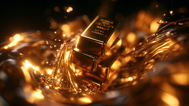Shiny Gold Bars in Splashing Molten Liquid