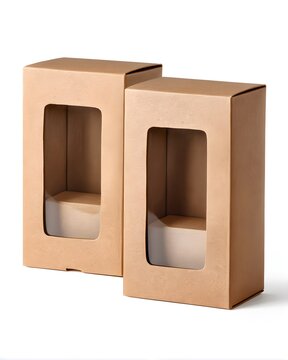 Two kraft cardboard packaging boxes with clear front window, product packaging mockup isolated on white background