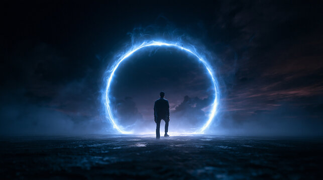 Man Walking Towards Glowing Futuristic Sci-Fi Portal