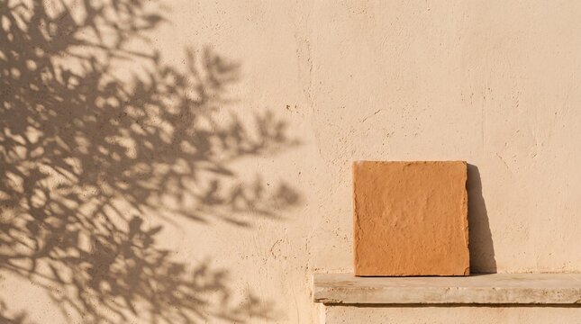 Terracotta Tile Podium on Textured Wall with Tree Shadow