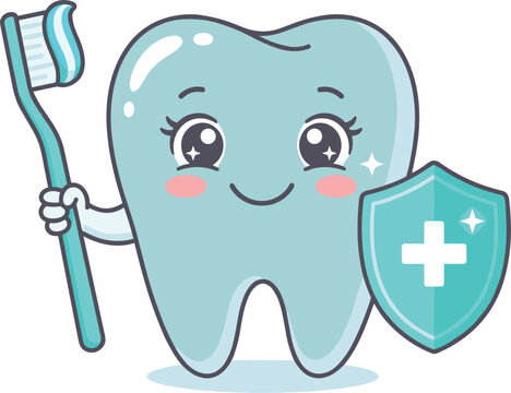 Cute cartoon tooth character vector illustration holding toothbrush with toothpaste and protective medical shield for pediatric dental care clinic design