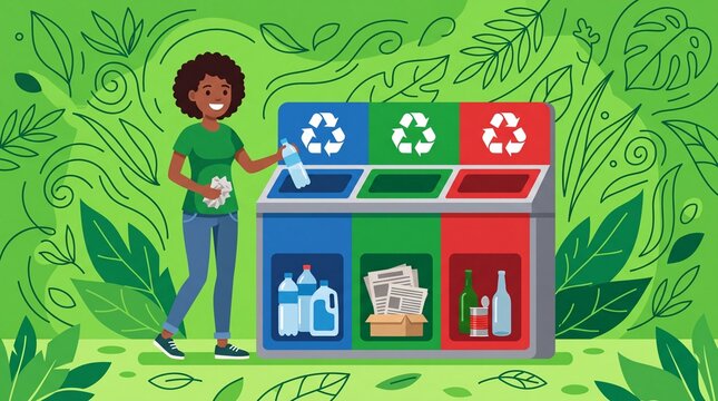 Woman Sorting Plastic Waste into Recycling Bins