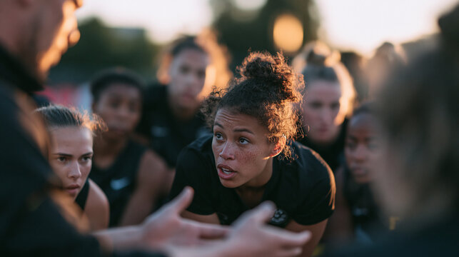 Female Sports Team Listening to Coach During Huddle