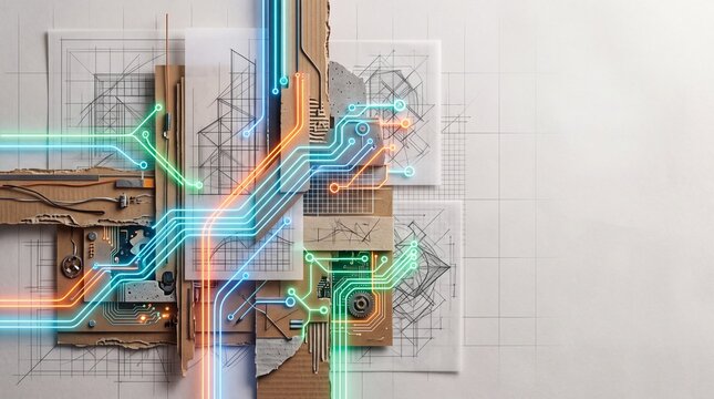 Digital Circuit Lines on Architectural Blueprint Concept