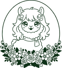 Naklejka premium Cute kawaii llama alpaca character line art vector illustration featuring a fluffy animal inside a circular floral rose border isolated on white background.