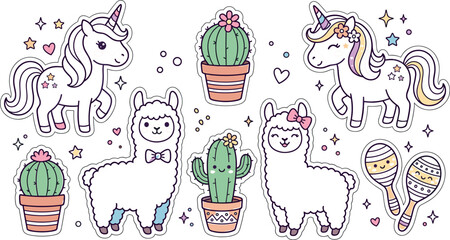 Naklejka premium Cute kawaii sticker collection set vector illustration featuring magical unicorns fluffy llamas potted desert cacti and musical maracas isolated on white background.