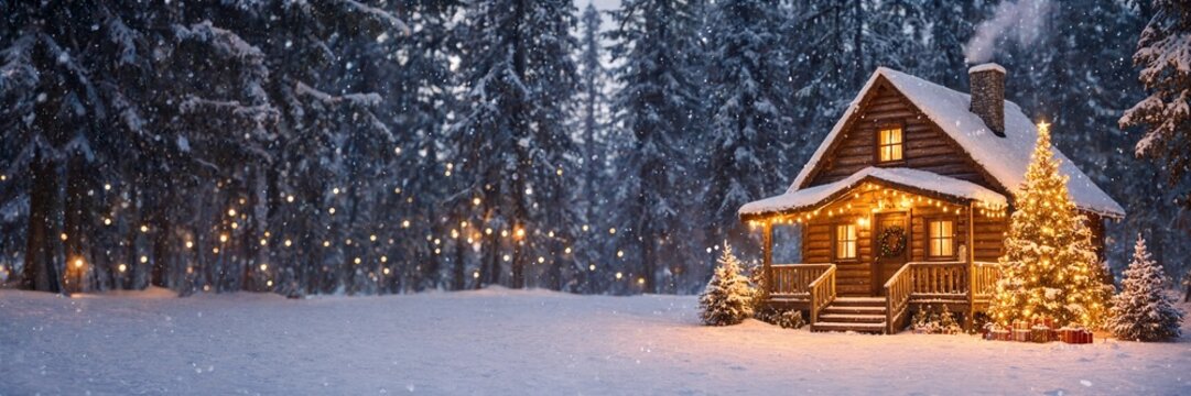 Cozy wooden cabin in a snowy forest with glowing lights and a decorated Christmas tree, winter holiday retreat, festive landscape, warm home.