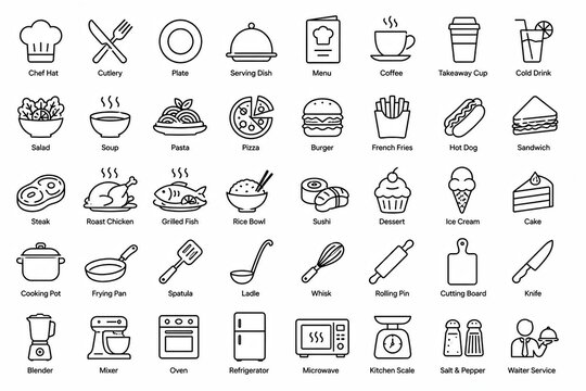 Set of black and white business and office line icons