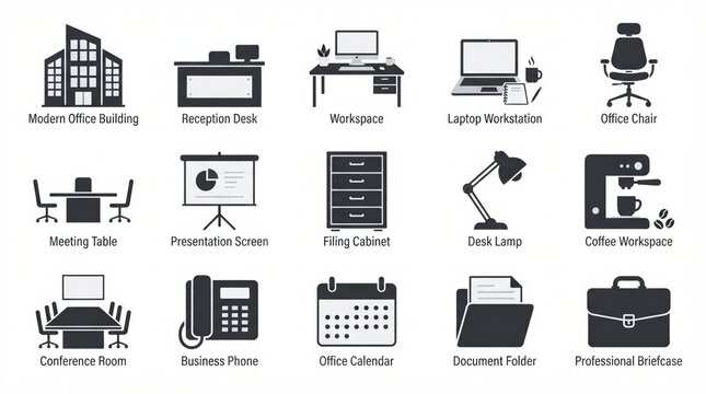 Minimalist office icons set, 15 professional business workspace symbols, black corporate equipment signs on white background