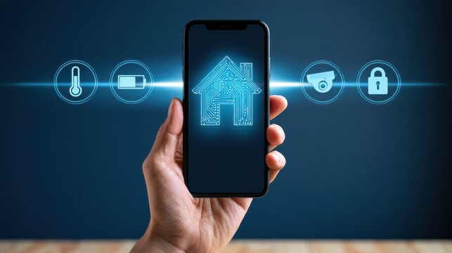 A hand holds a smartphone displaying a smart home icon, surrounded by digital symbols for temperature, battery, security camera, and lock, representing home automation.