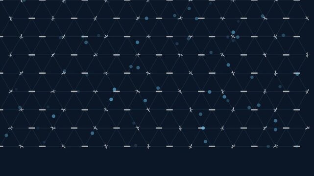 Abstract dark blue digital particles flowing in motion