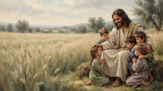 Jesus blessing children in wheat field. Christian love and faith with savior praying with kids outdoors. Religious illustration for Easter and biblical education concept