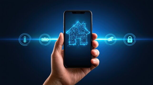 A hand holds a smartphone displaying a digital smart home icon surrounded by holographic symbols representing temperature, battery, security camera, and lock.
