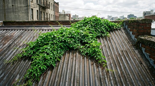 Resilient emerald creeper plant spreading across a dark weathered corrugated roof surface showcasing botanical growth in urban spaces  vine green roof corrugated fiber cement leaf tendril