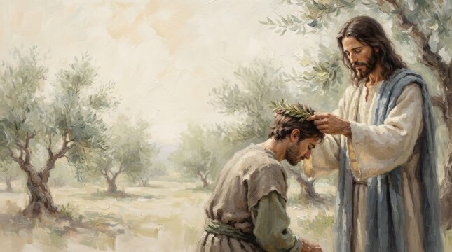 Jesus placing olive wreath crown on kneeling man in grove. Biblical blessing and divine reward concept. Spiritual faith and grace illustration for religious education and Easter