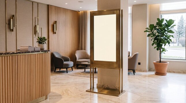 Modern hotel lobby interior with a blank vertical digital signage display.