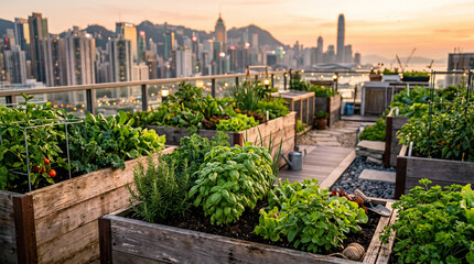 Fototapeta premium Lush rooftop vegetable garden with raised beds overlooking modern city skyline at sunset