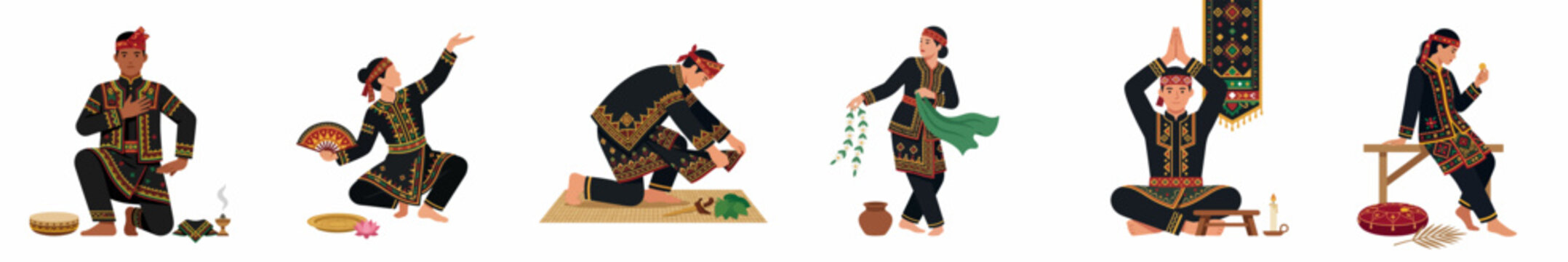 Set of illustrations featuring Kadazan-Dusun people from Sabah, Malaysia, in traditional black and gold attire, performing cultural rituals and dance movements.