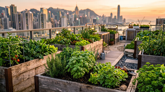 Lush rooftop vegetable garden with raised beds overlooking modern city skyline at sunset