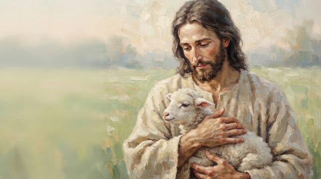 Jesus Christ holding lamb in arms as good shepherd in green field. Christian faith, love and compassion symbol. Religious Easter and Christmas concept for spiritual greeting card