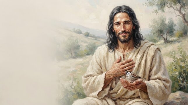 Jesus holding a small bird in a peaceful landscape. Christian faith, compassion, kindness, spiritual guidance, and religious teaching concept with copy space for inspirational design.