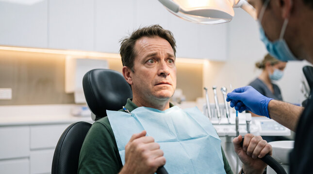 Scared man sitting in dental chair looking at dentist with fear