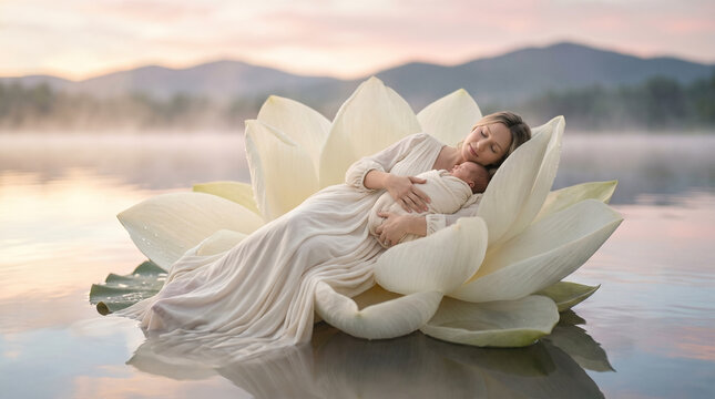 Mother holding newborn baby inside giant white lotus flower on misty lake at sunrise