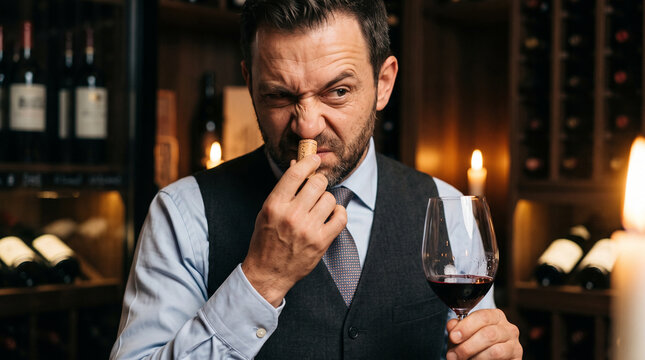 Sommelier dramatically sniffing wine cork with glass in cellar