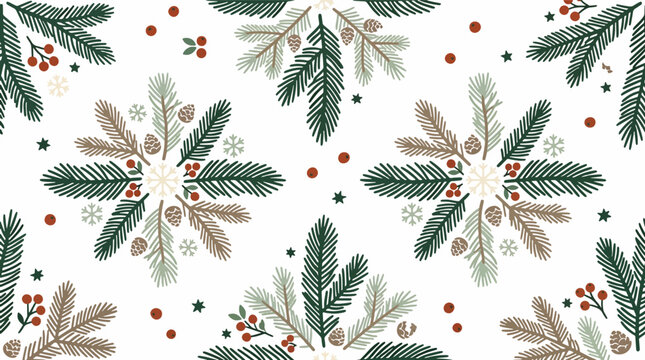 Christmas seamless pattern with pine branches and cones arranged as festive mandalas