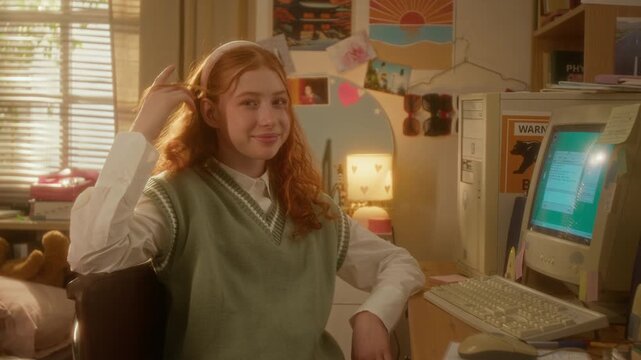 Portrait of Caucasian female teenager smiling and twirling hair while sitting next to retro computer in nineties room. Perfect for nostalgic marketing or vintage technology campaigns