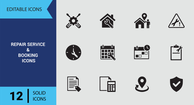 Repair Appointment and Service Booking Solid Icon Set for Scheduling Consultations Online Reservations and Fixes