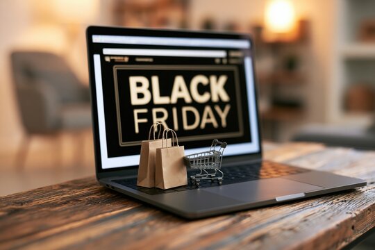 Laptop displaying a black friday sale with a miniature shopping cart and paper bags