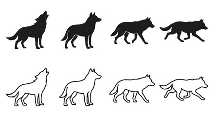 Obraz premium Wolf silhouettes and line art depictions on a white background