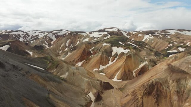 Aerial view panning right over the stunning, multi-colored rhyolite mountains and snow patches of the Laugavegur trail on Iceland. A tranquil and remote landscape perfect for hiking and exploration.