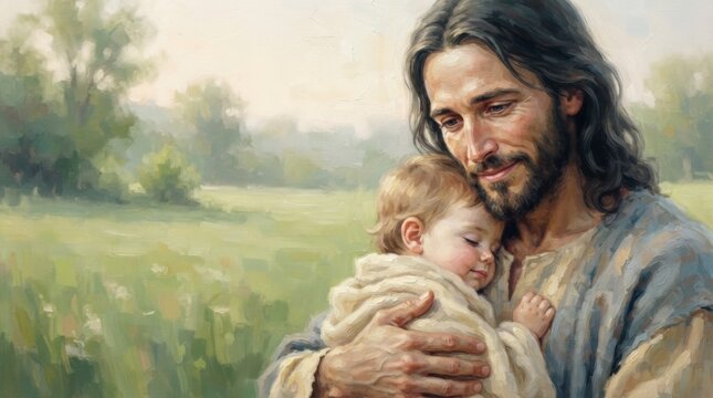 Jesus Christ holding sleeping baby in arms outdoors. Man embracing child with love and care. Christian faith, divine protection and salvation concept for Easter and Christmas light.